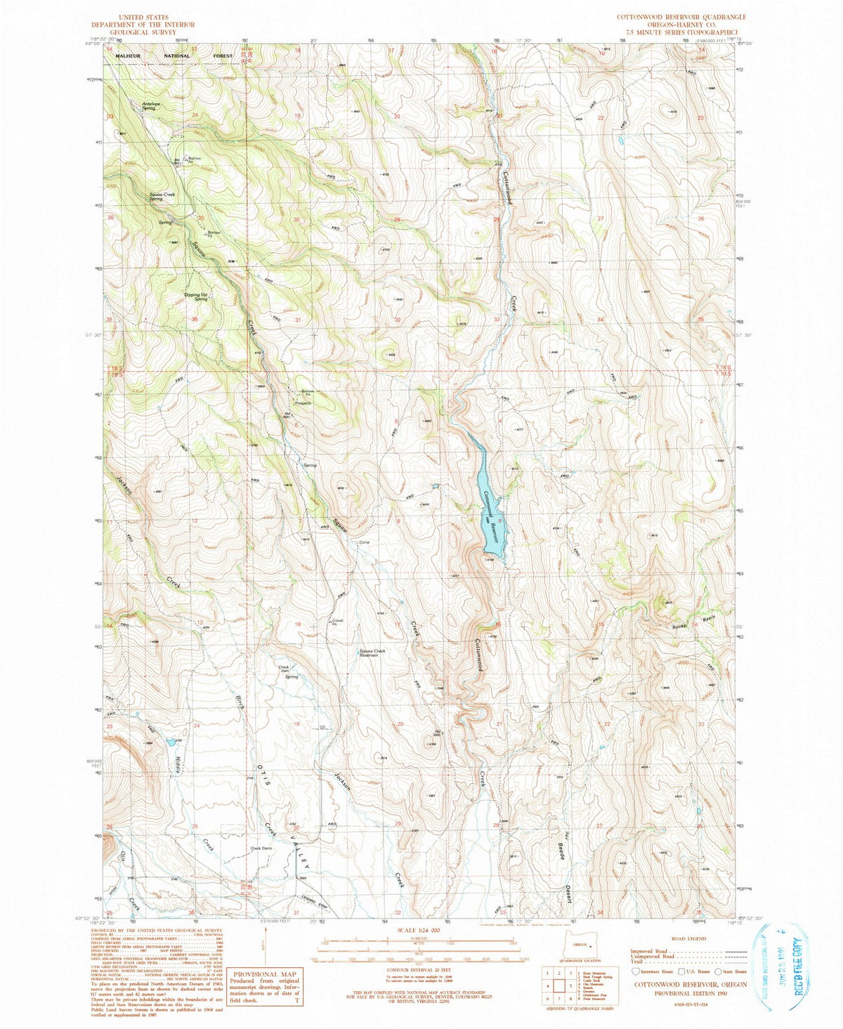 1990 Cottonwood Reservoir, OR - Oregon - USGS Topographic Map