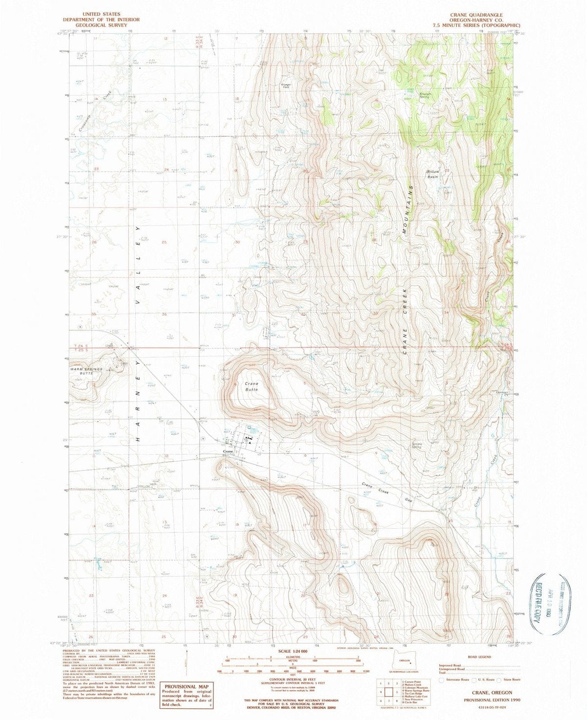 1990 Crane, OR - Oregon - USGS Topographic Map
