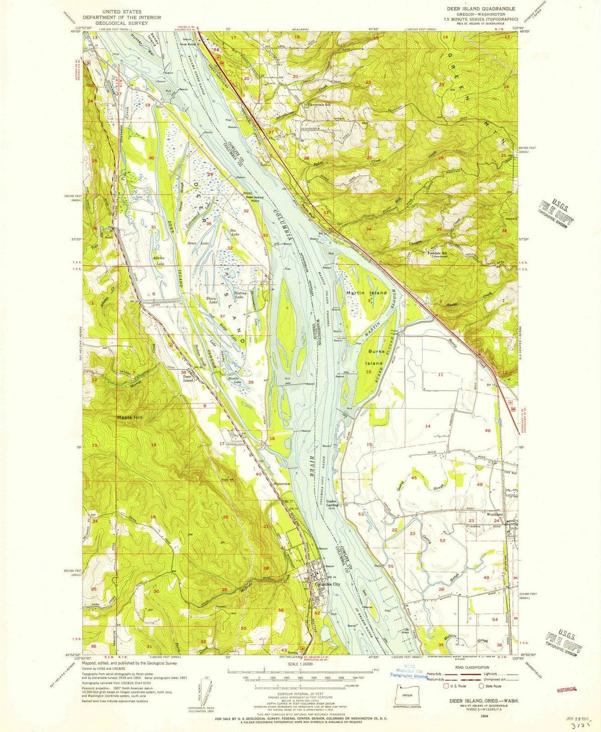 1954 Deer Island, OR - Oregon - USGS Topographic Map