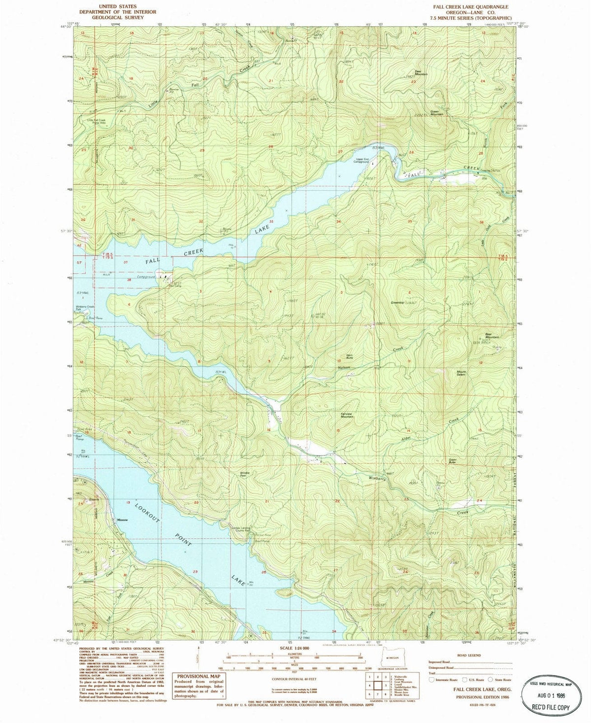 1986 Fall Creek Lake, OR - Oregon - USGS Topographic Map