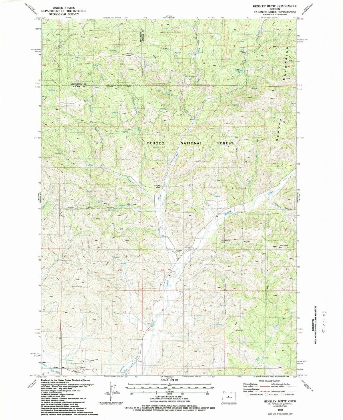 1988 Hensley Butte, OR - Oregon - USGS Topographic Map