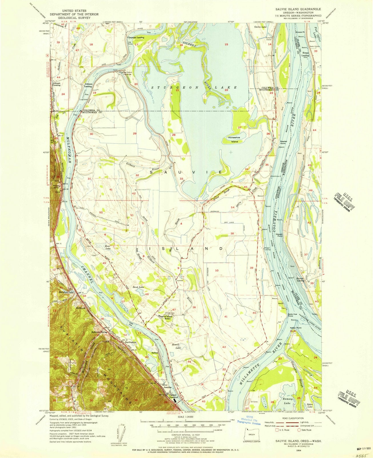 1954 Sauvie Island, OR - Oregon - USGS Topographic Map
