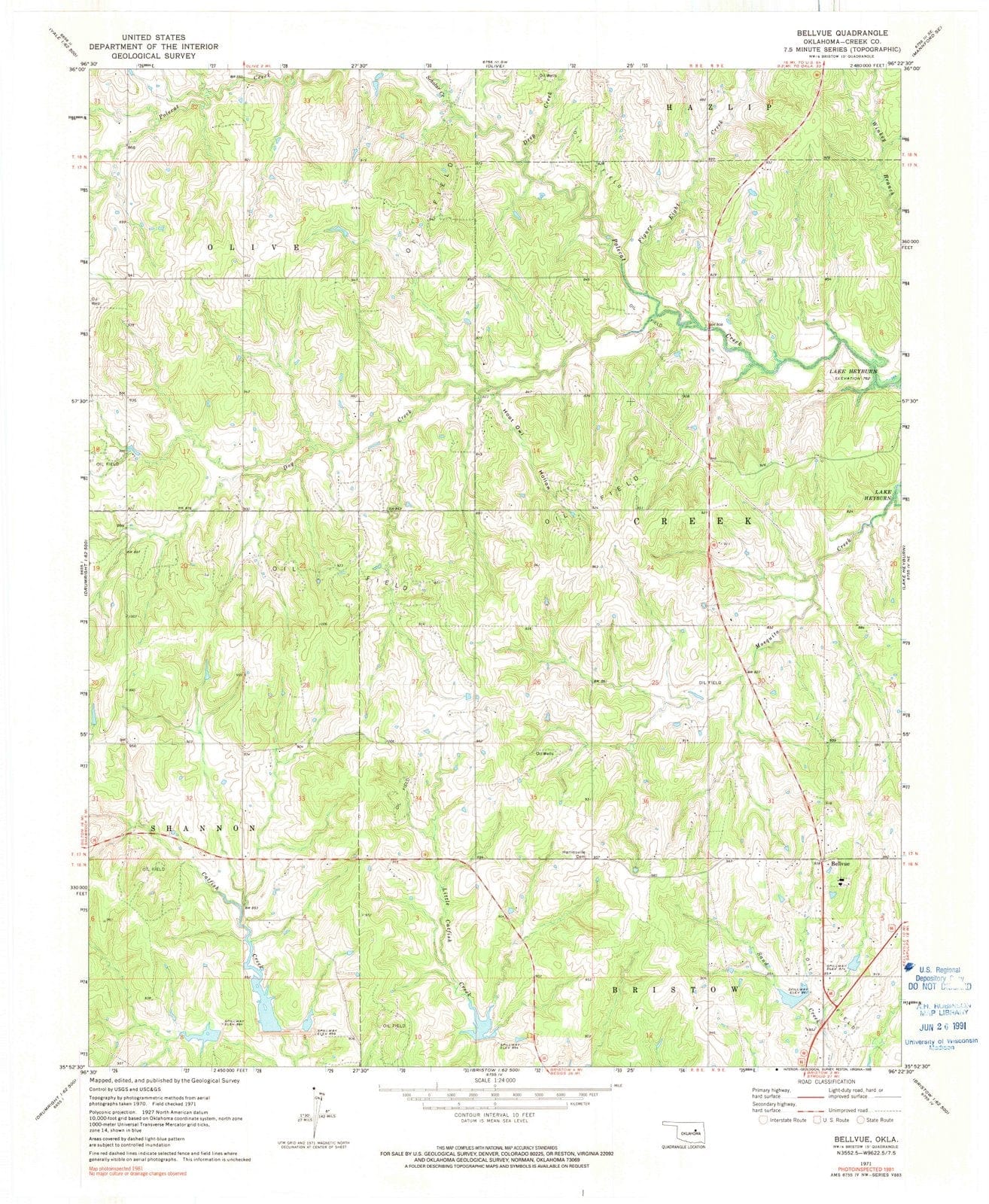 1971 Bellvue, OK - Oklahoma - USGS Topographic Map