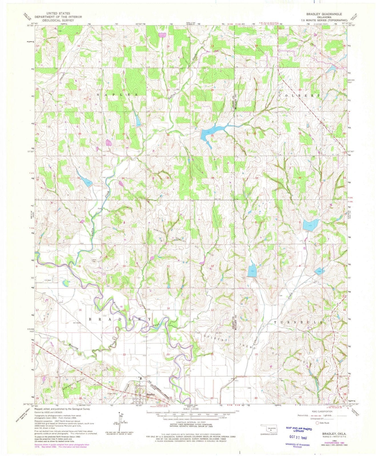 1966 Bradley, OK - Oklahoma - USGS Topographic Map