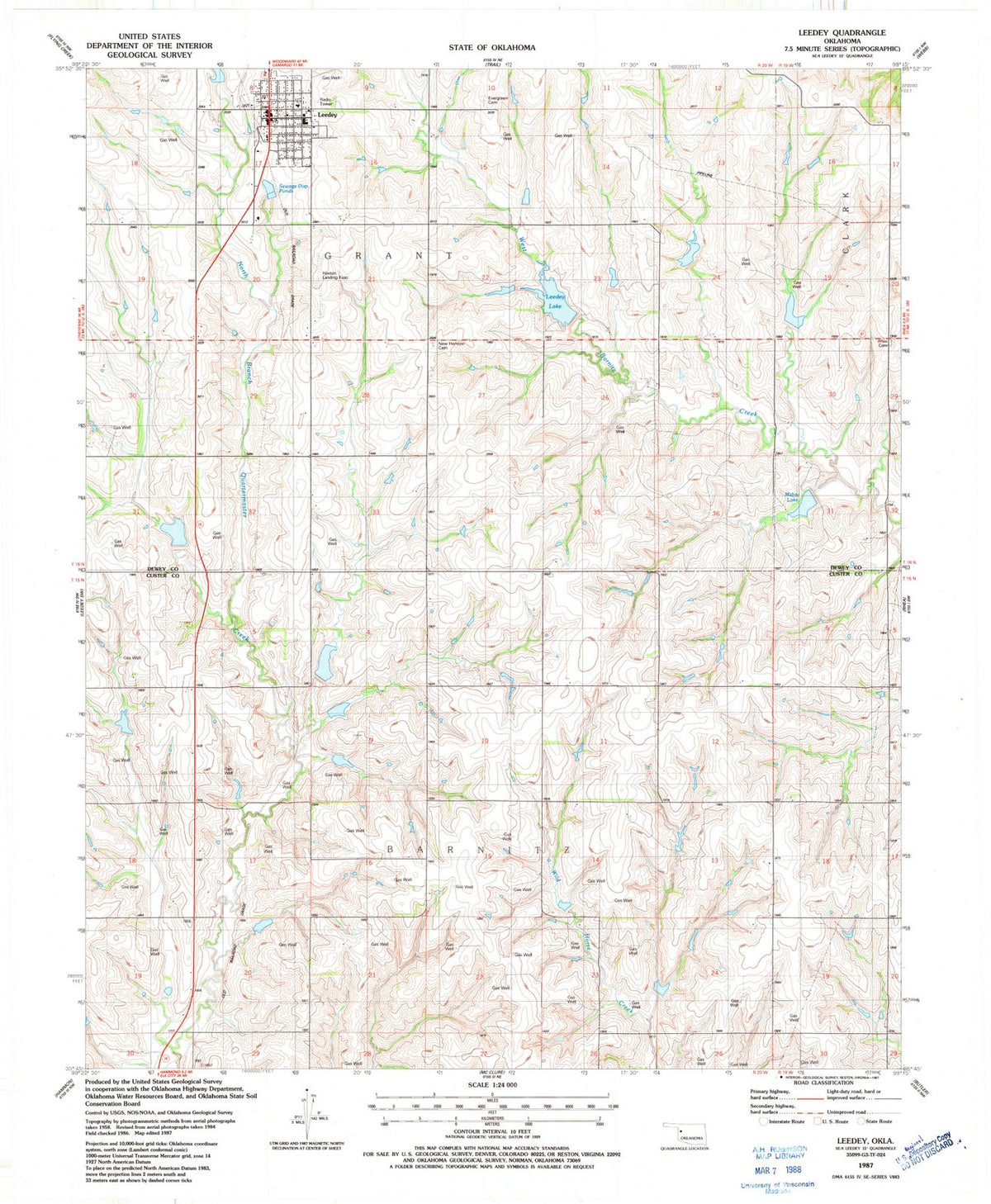 1987 Leedey, OK - Oklahoma - USGS Topographic Map