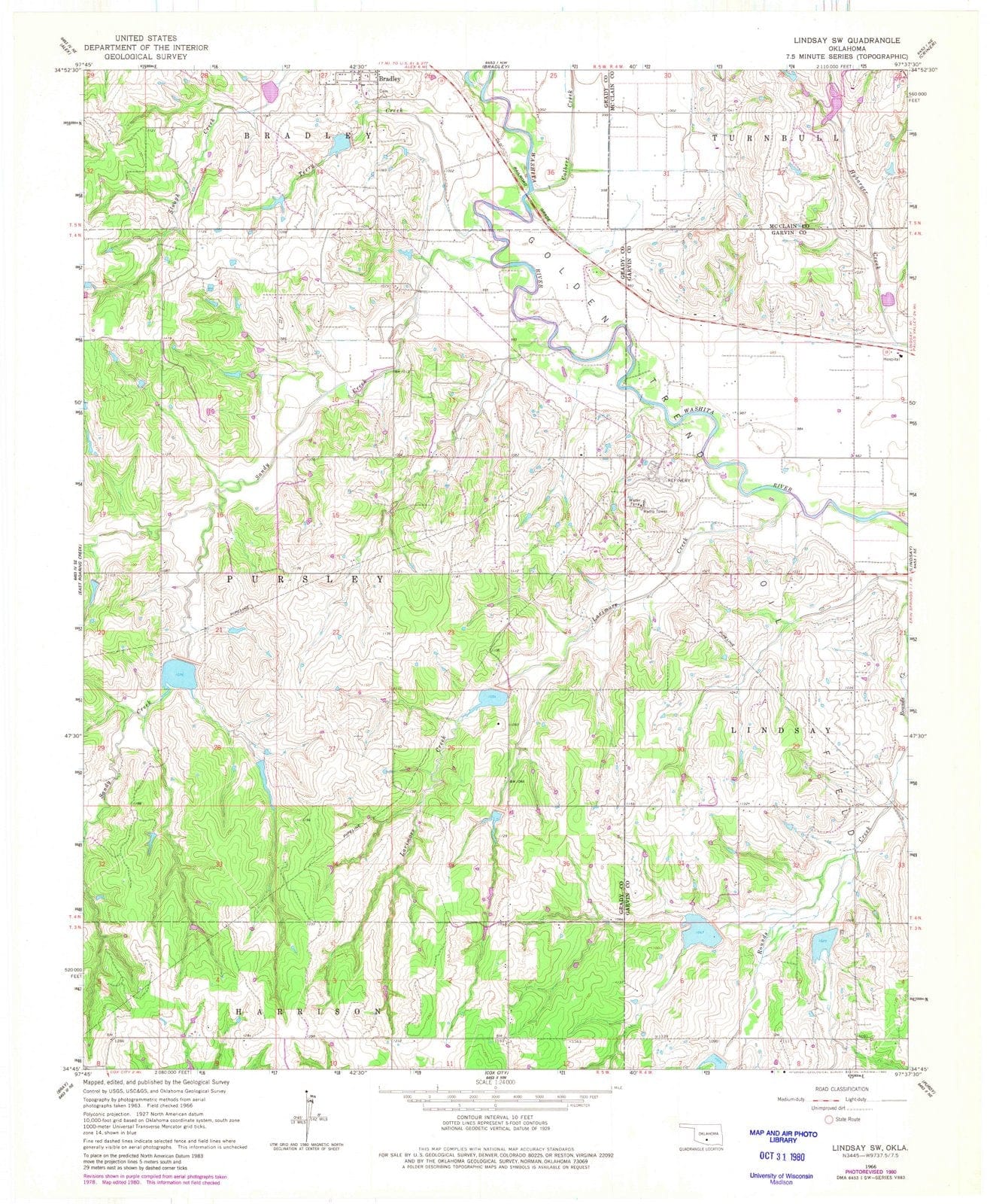 1966 Lindsay, OK - Oklahoma - USGS Topographic Map