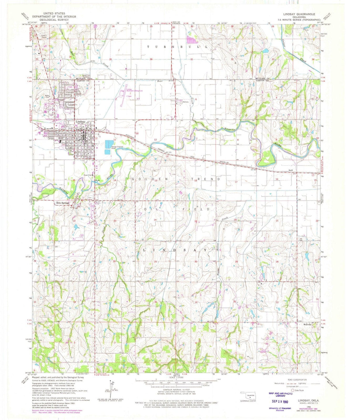 1966 Lindsay, OK - Oklahoma - USGS Topographic Map v2