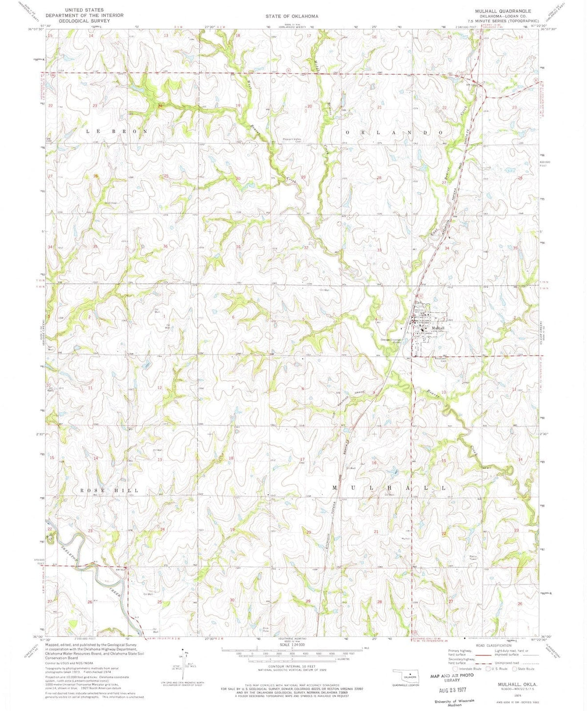 1974 Mulhall, OK - Oklahoma - USGS Topographic Map