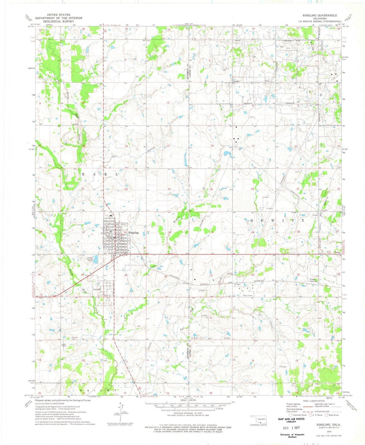 1974 Ringling, OK - Oklahoma - USGS Topographic Map