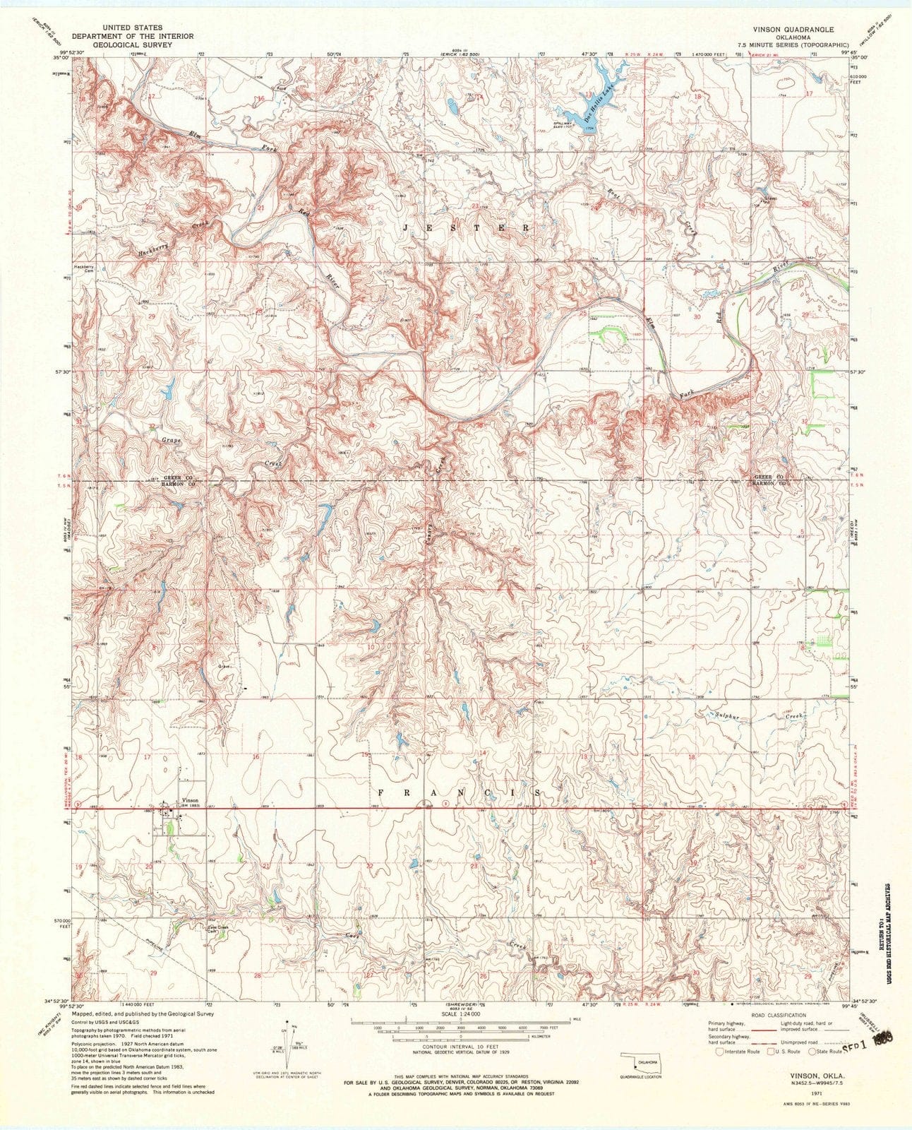 1971 Vinson, OK - Oklahoma - USGS Topographic Map