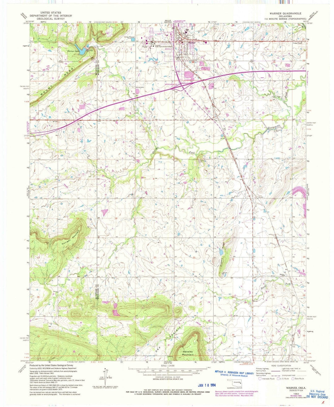 1963 Warner, OK - Oklahoma - USGS Topographic Map
