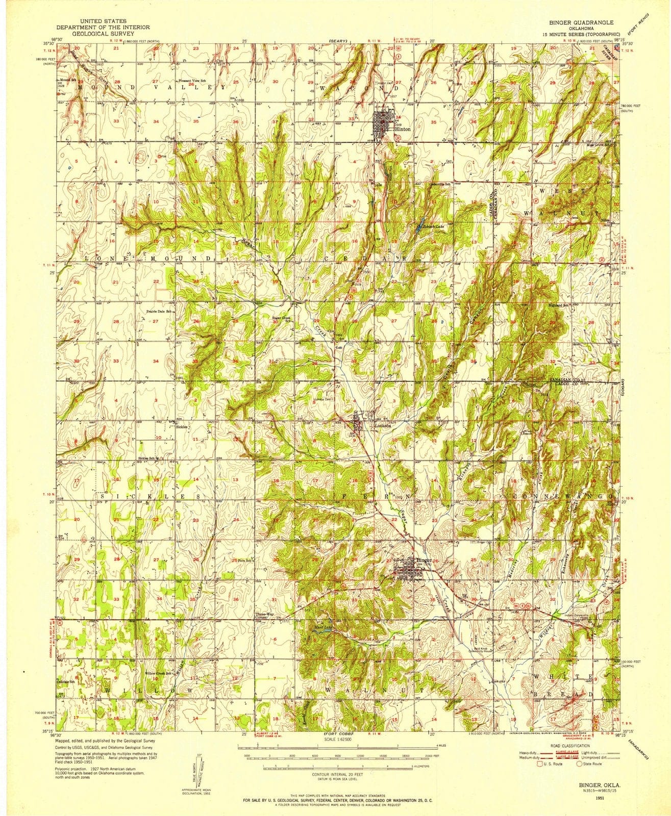 1951 Binger, OK - Oklahoma - USGS Topographic Map