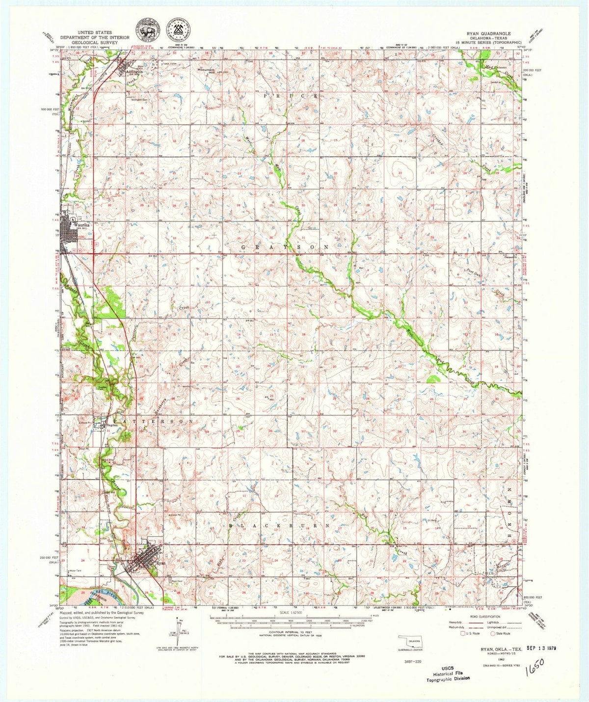 1962 Ryan, OK - Oklahoma - USGS Topographic Map