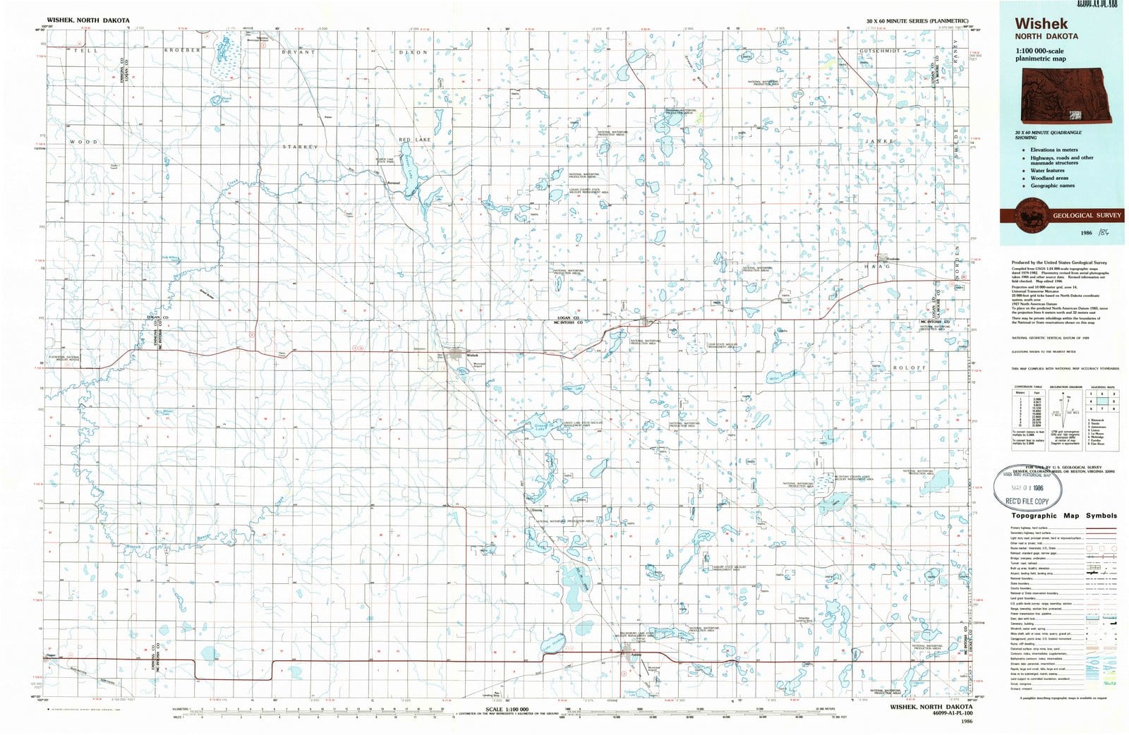 1986 Wishek, ND - North Dakota - USGS Topographic Map