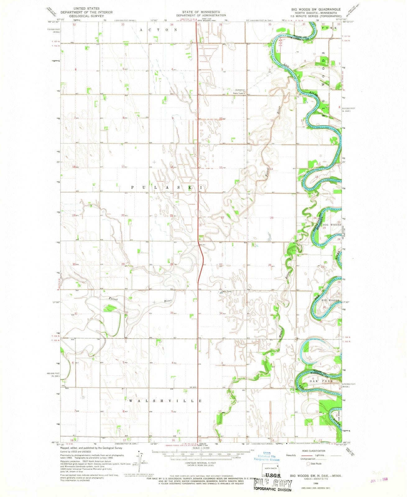 1966 Big Woods, ND - North Dakota - USGS Topographic Map