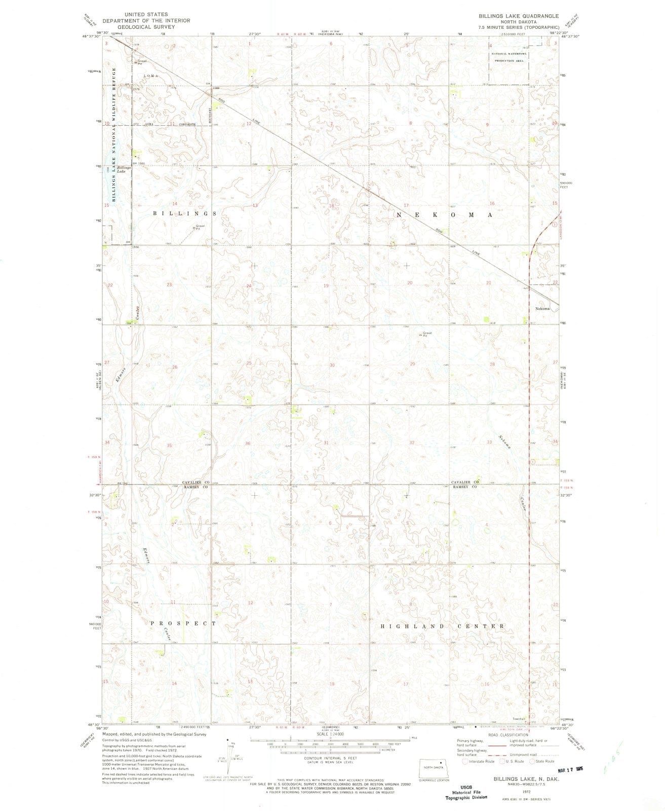 1972 Billings Lake, ND - North Dakota - USGS Topographic Map