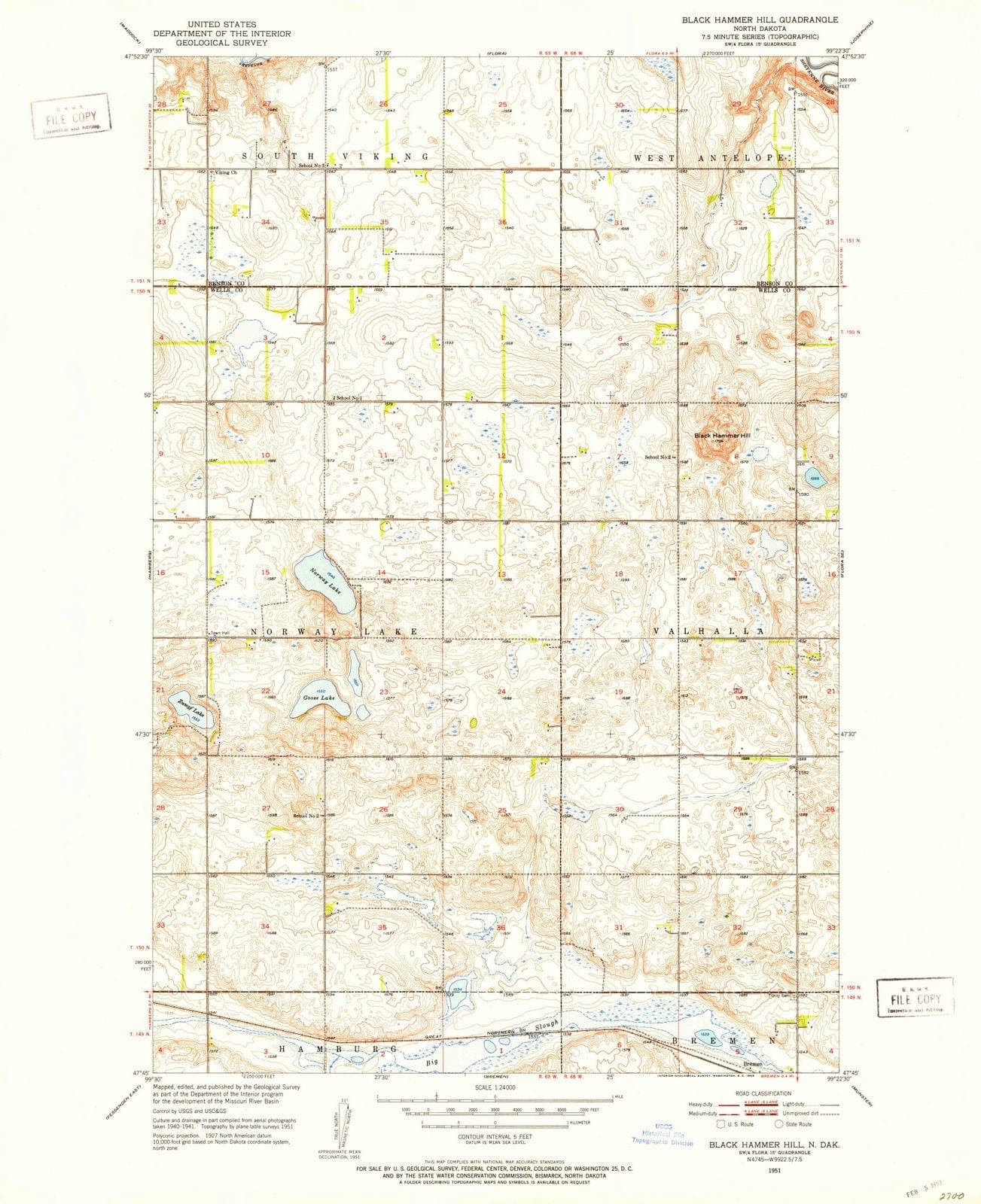 1951 Black Hammer Hill, ND - North Dakota - USGS Topographic Map