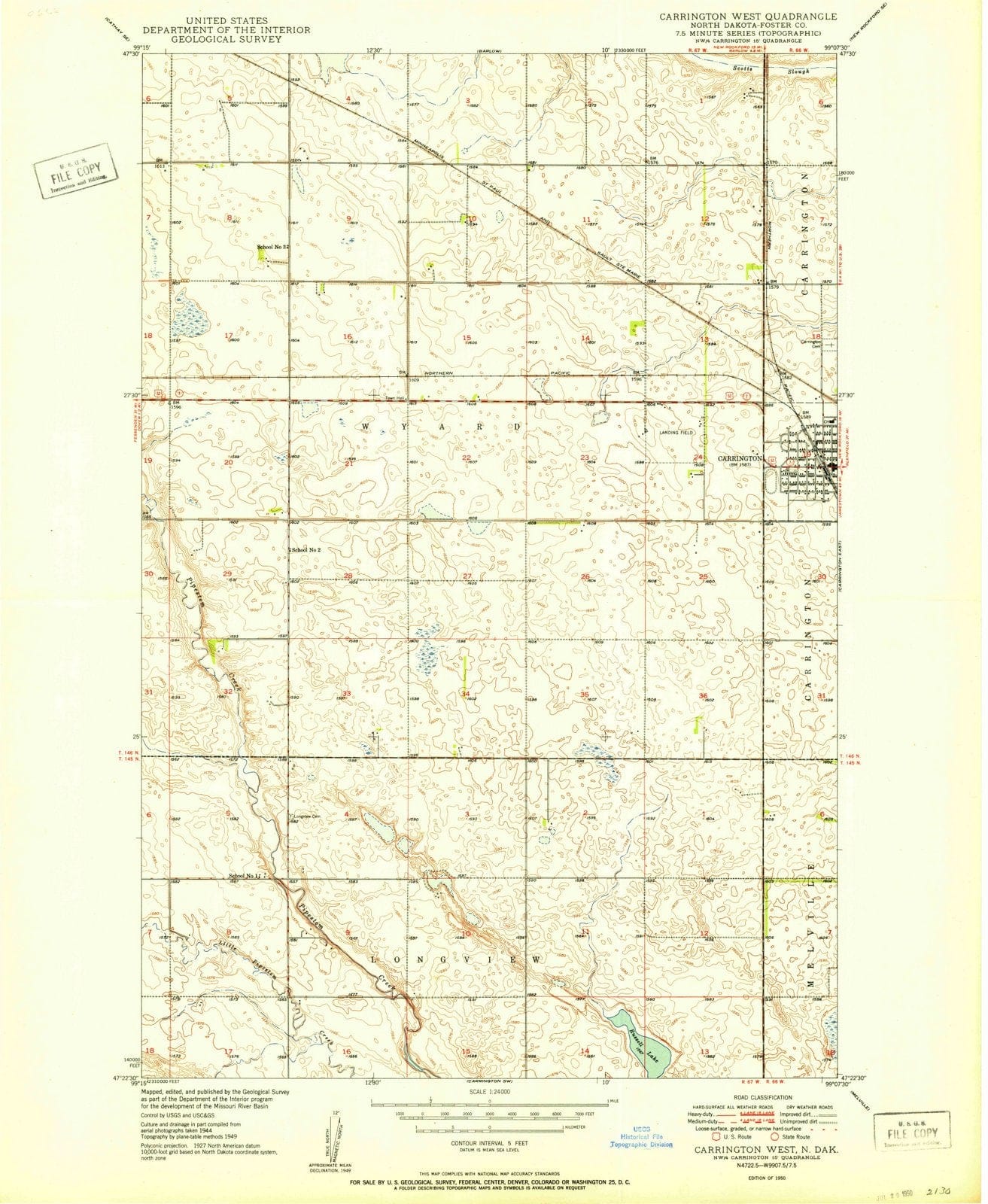 1950 Carrington West, ND - North Dakota - USGS Topographic Map
