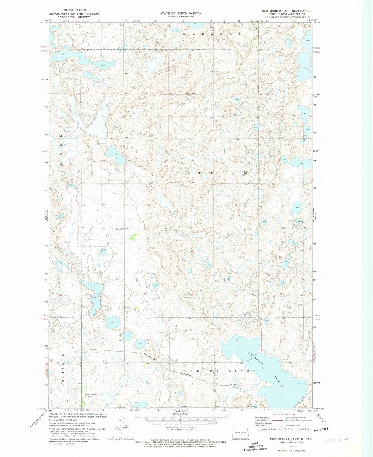 1972 Des Moines Lake, ND - North Dakota - USGS Topographic Map