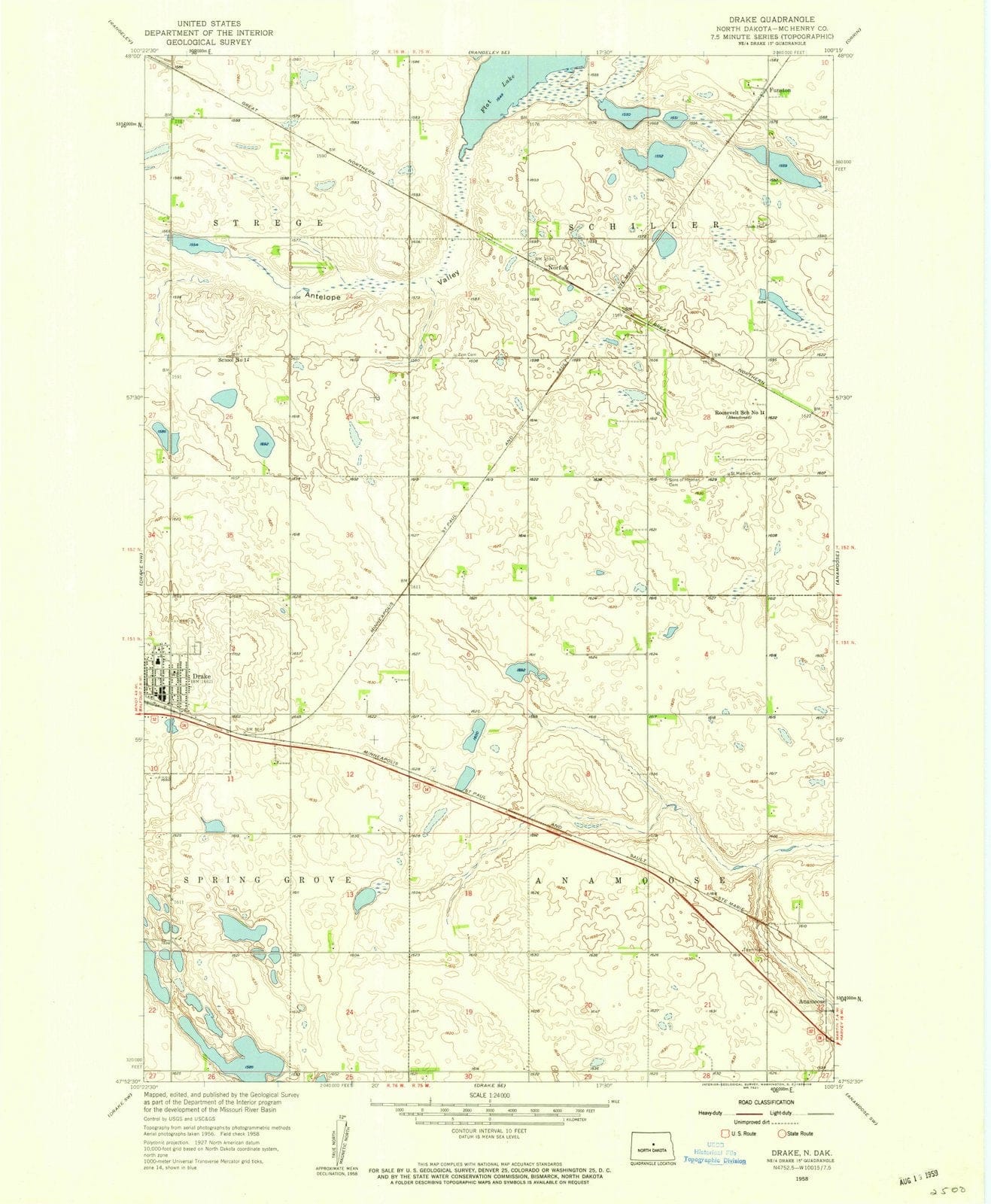 1958 Drake, ND - North Dakota - USGS Topographic Map v2