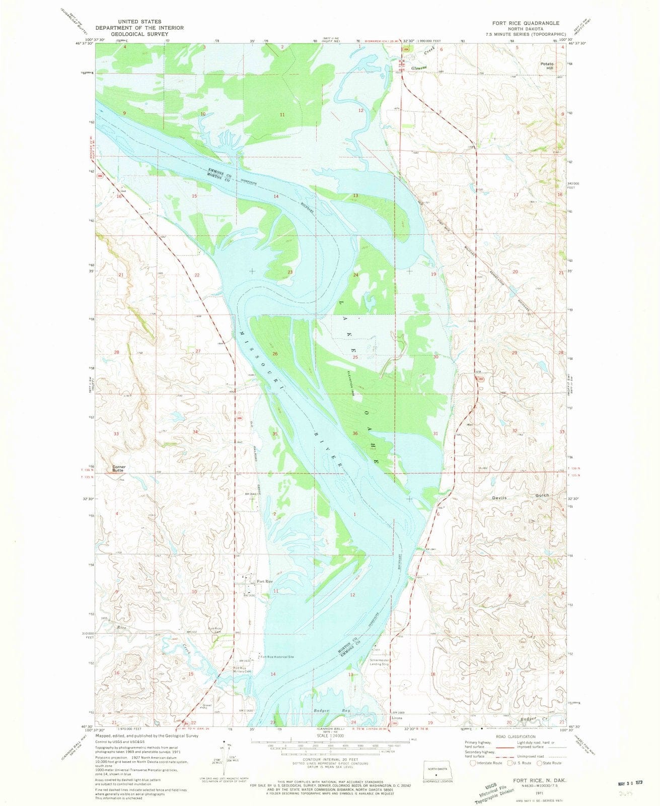 1971 Fort Rice, ND - North Dakota - USGS Topographic Map