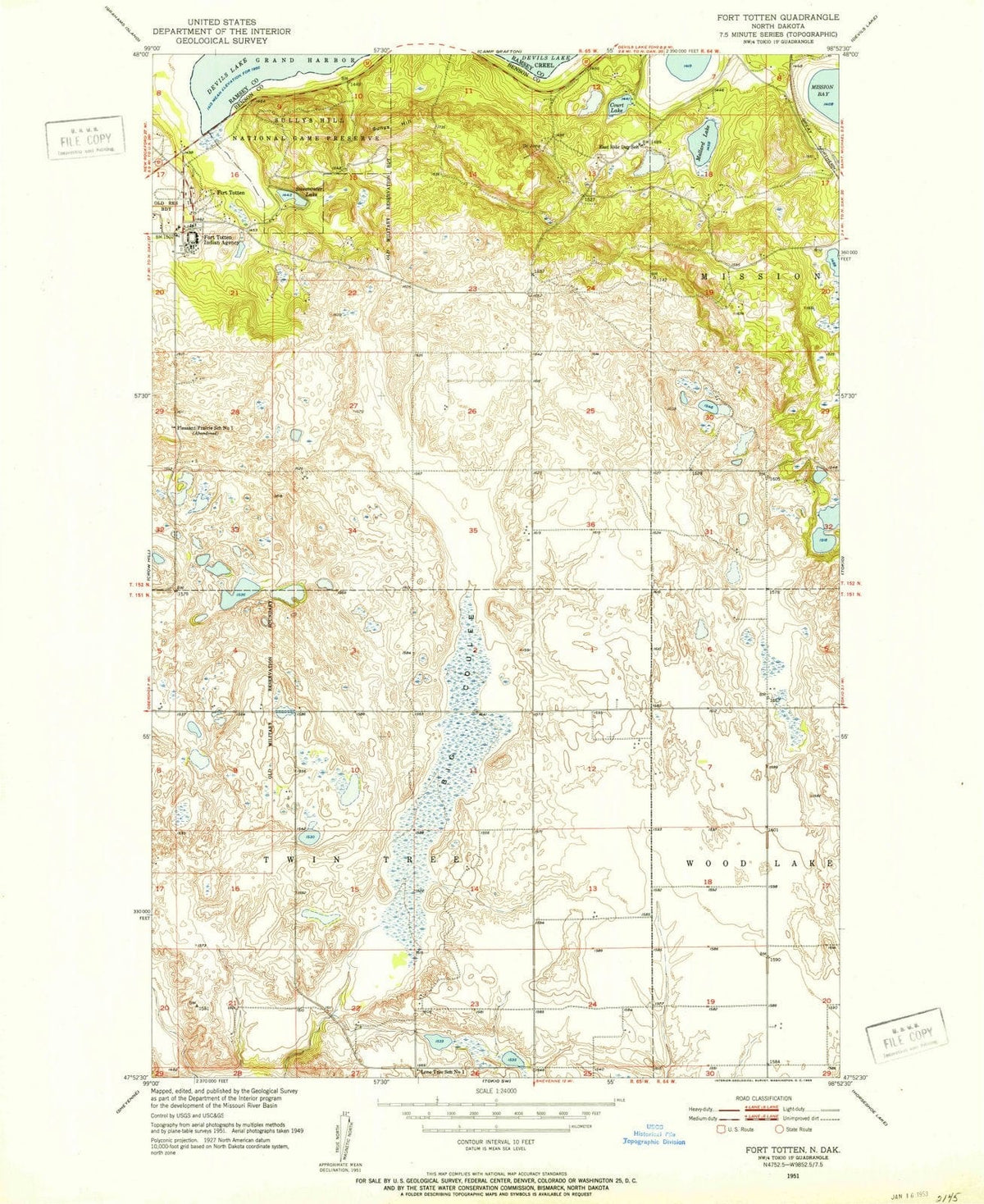 1951 Fort Totten, ND - North Dakota - USGS Topographic Map
