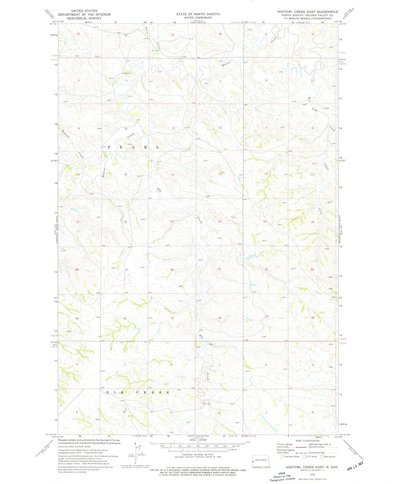 1974 Hootowl Creek East, ND - North Dakota - USGS Topographic Map