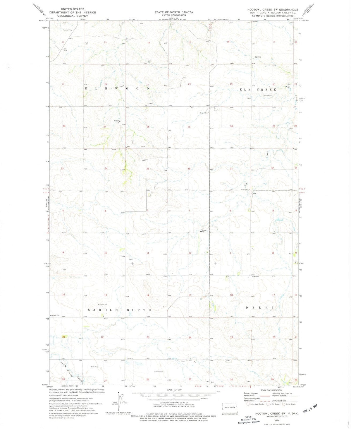 1974 Hootowl Creek, ND - North Dakota - USGS Topographic Map