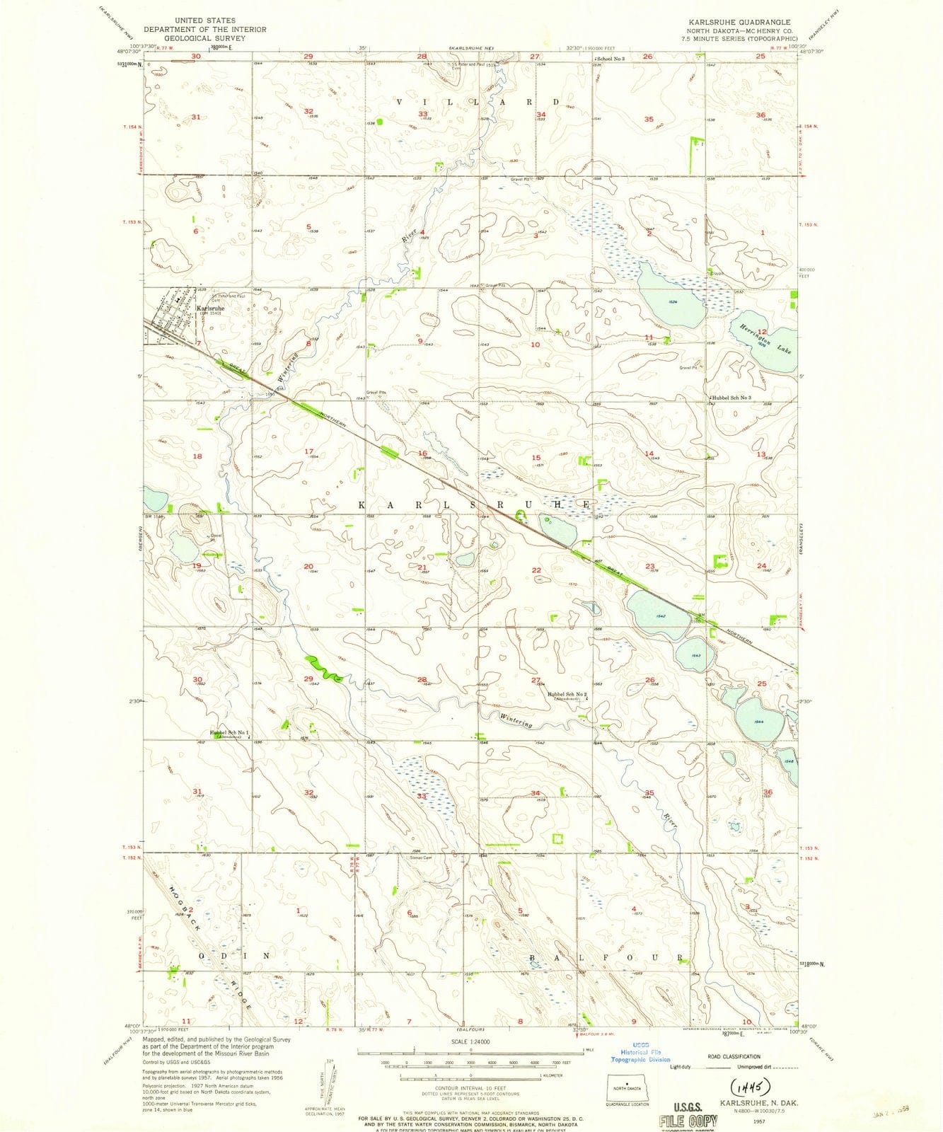 1957 Karlsruhe, ND - North Dakota - USGS Topographic Map