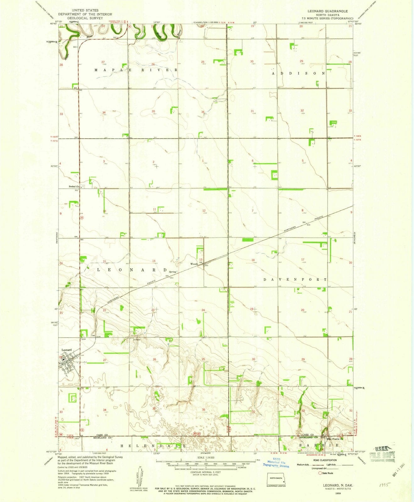 1959 Leonard, ND - North Dakota - USGS Topographic Map