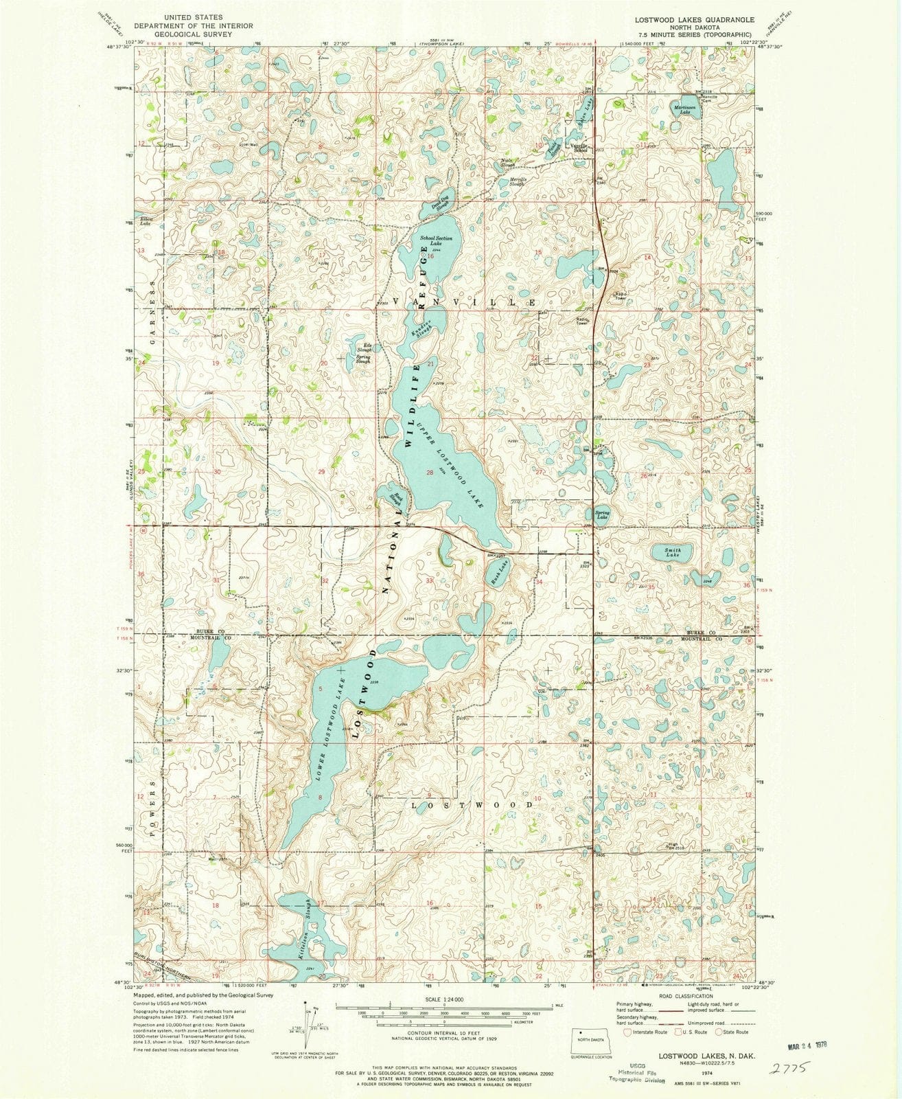 1974 Lostwood Lakes, ND - North Dakota - USGS Topographic Map