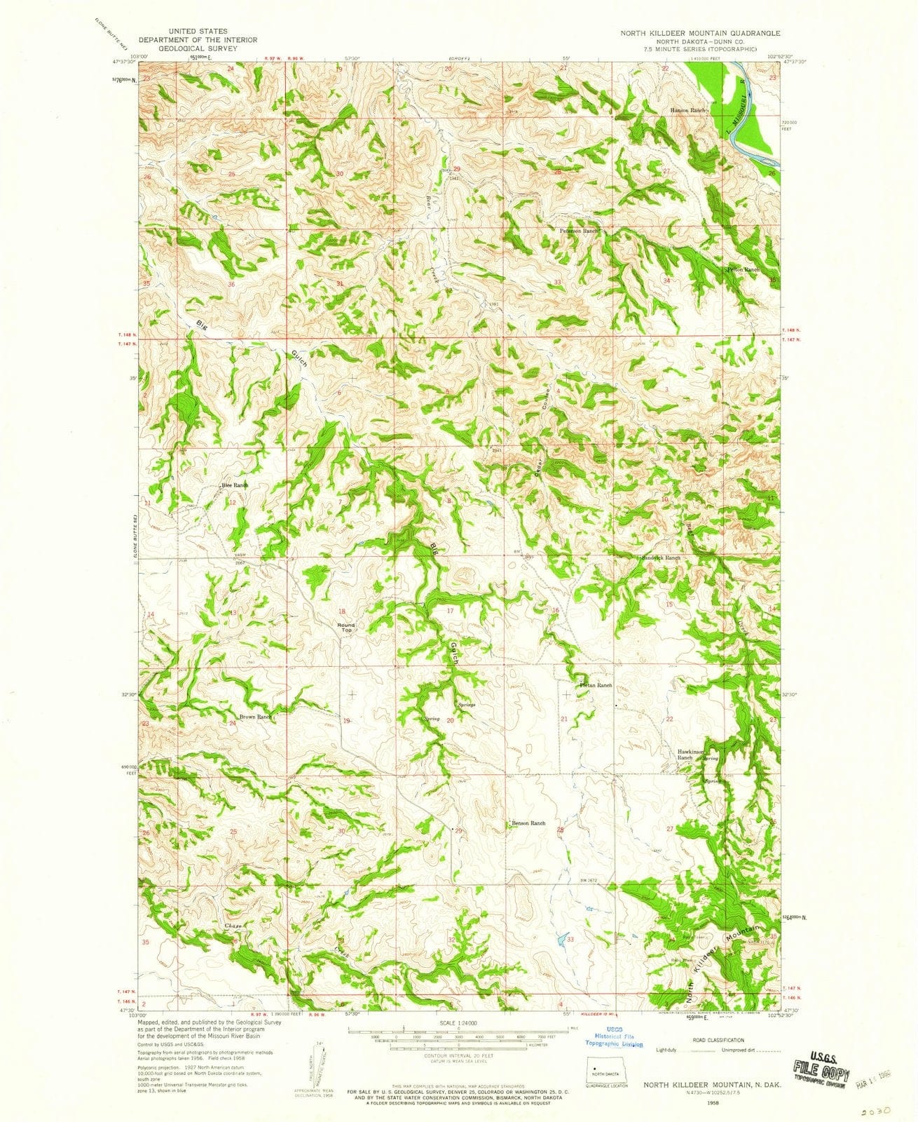 1958 North Killdeer Mountain, ND - North Dakota - USGS Topographic Map