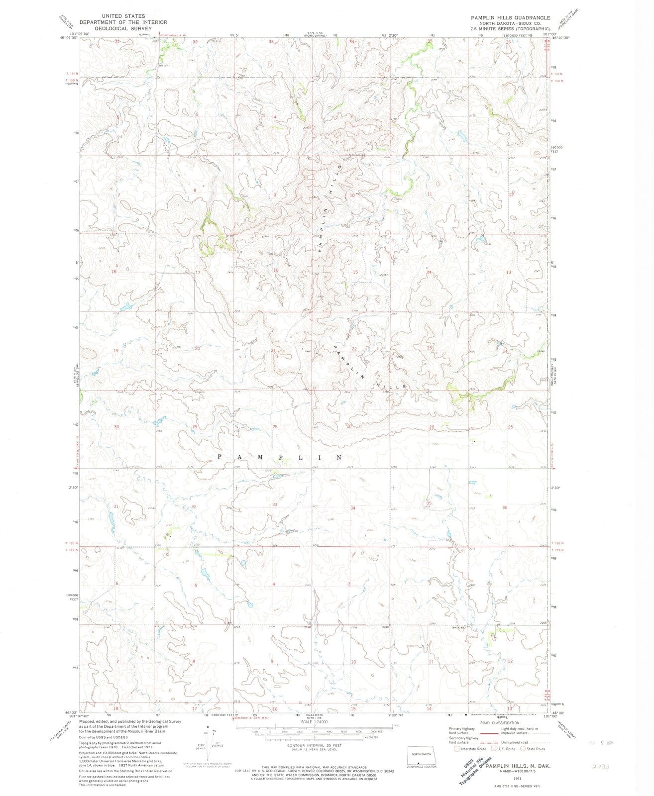 1971 Pamplin Hills, ND - North Dakota - USGS Topographic Map