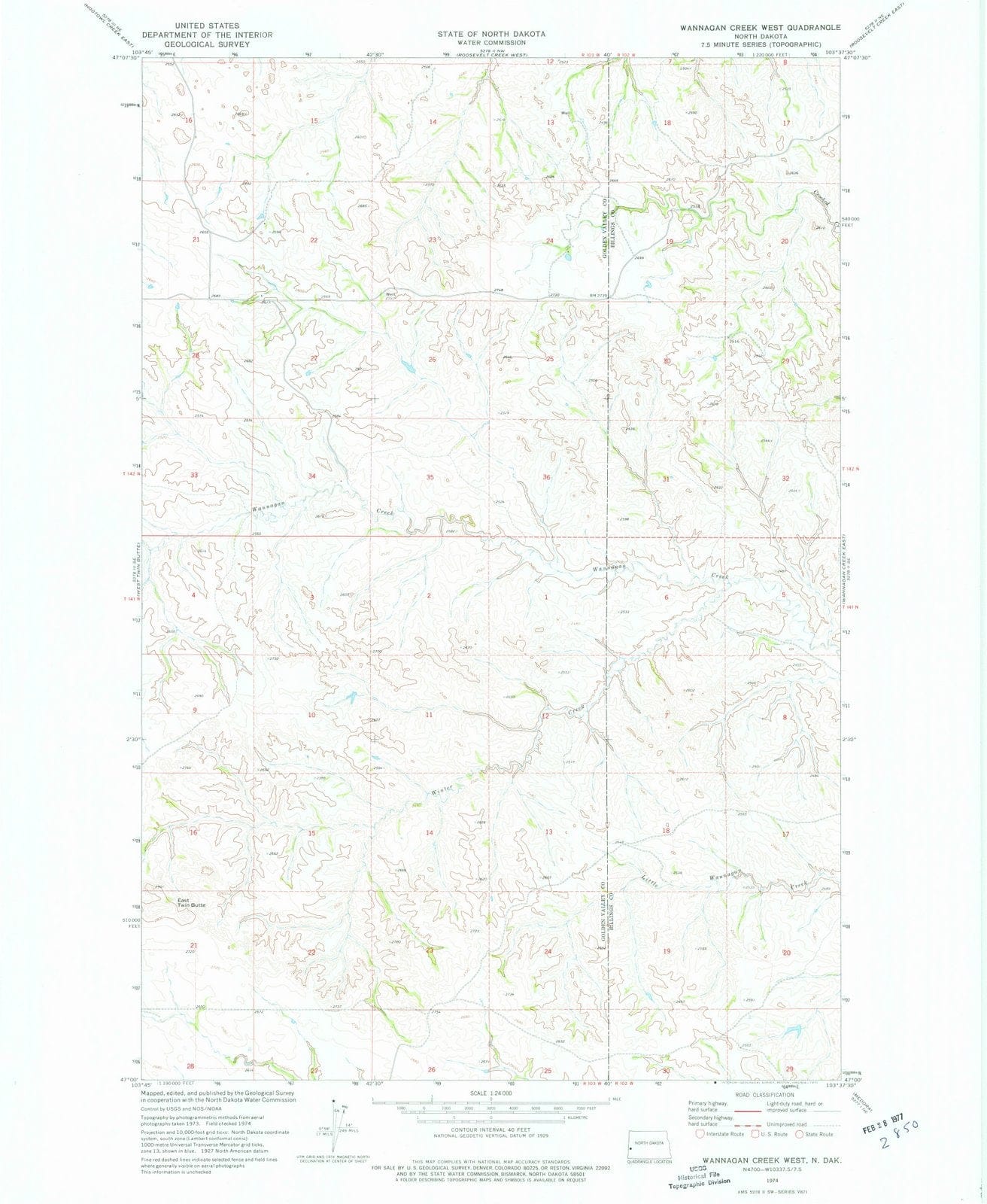 1974 Wannagan Creek West, ND - North Dakota - USGS Topographic Map