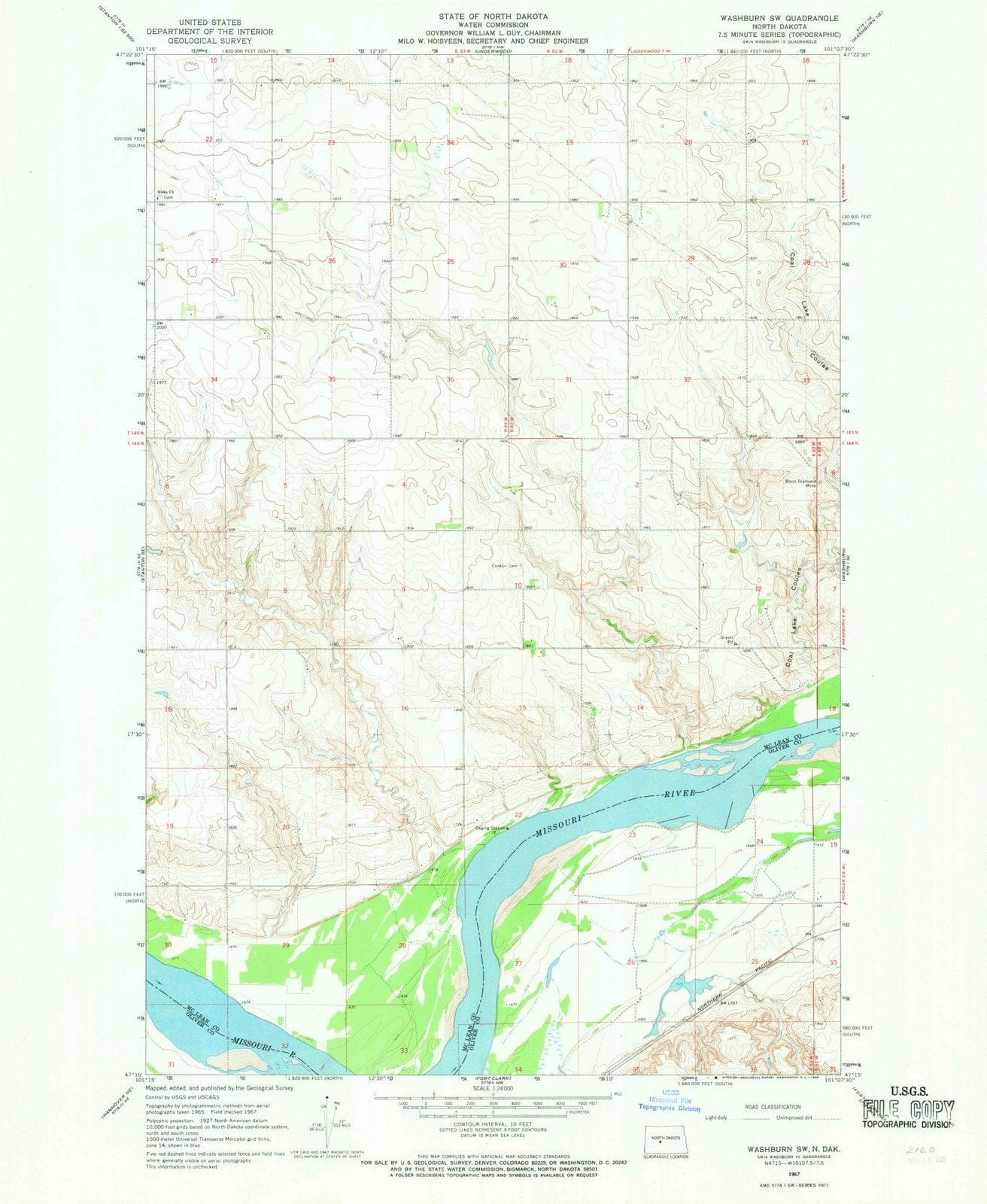 1967 Washburn, ND - North Dakota - USGS Topographic Map