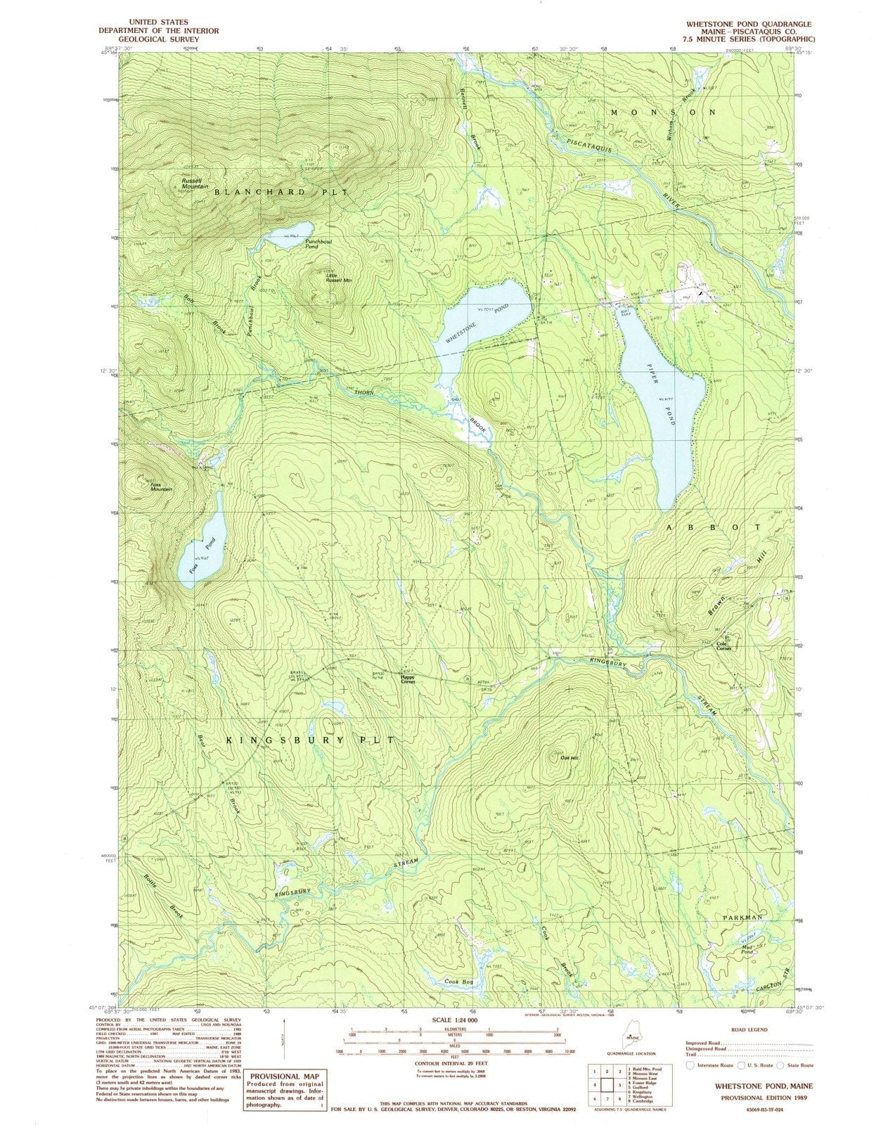 1989 Whetstone Pond, ME - Maine - USGS Topographic Map