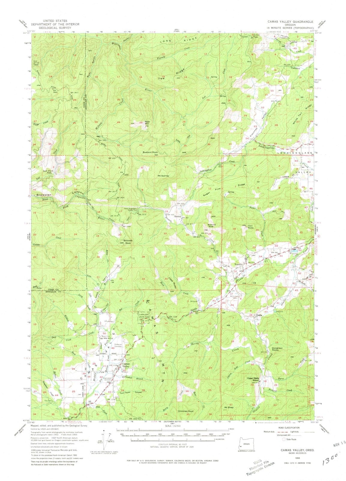1955 Camas Valley, OR - Oregon - USGS Topographic Map