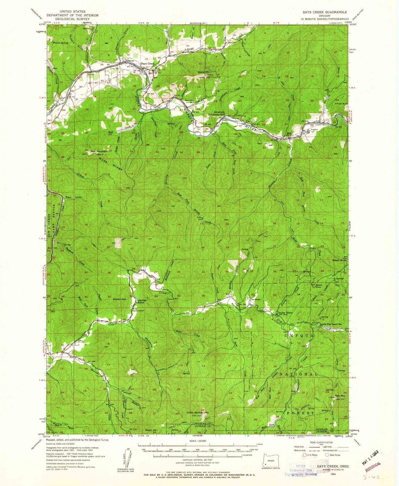 1954 Days Creek, OR - Oregon - USGS Topographic Map