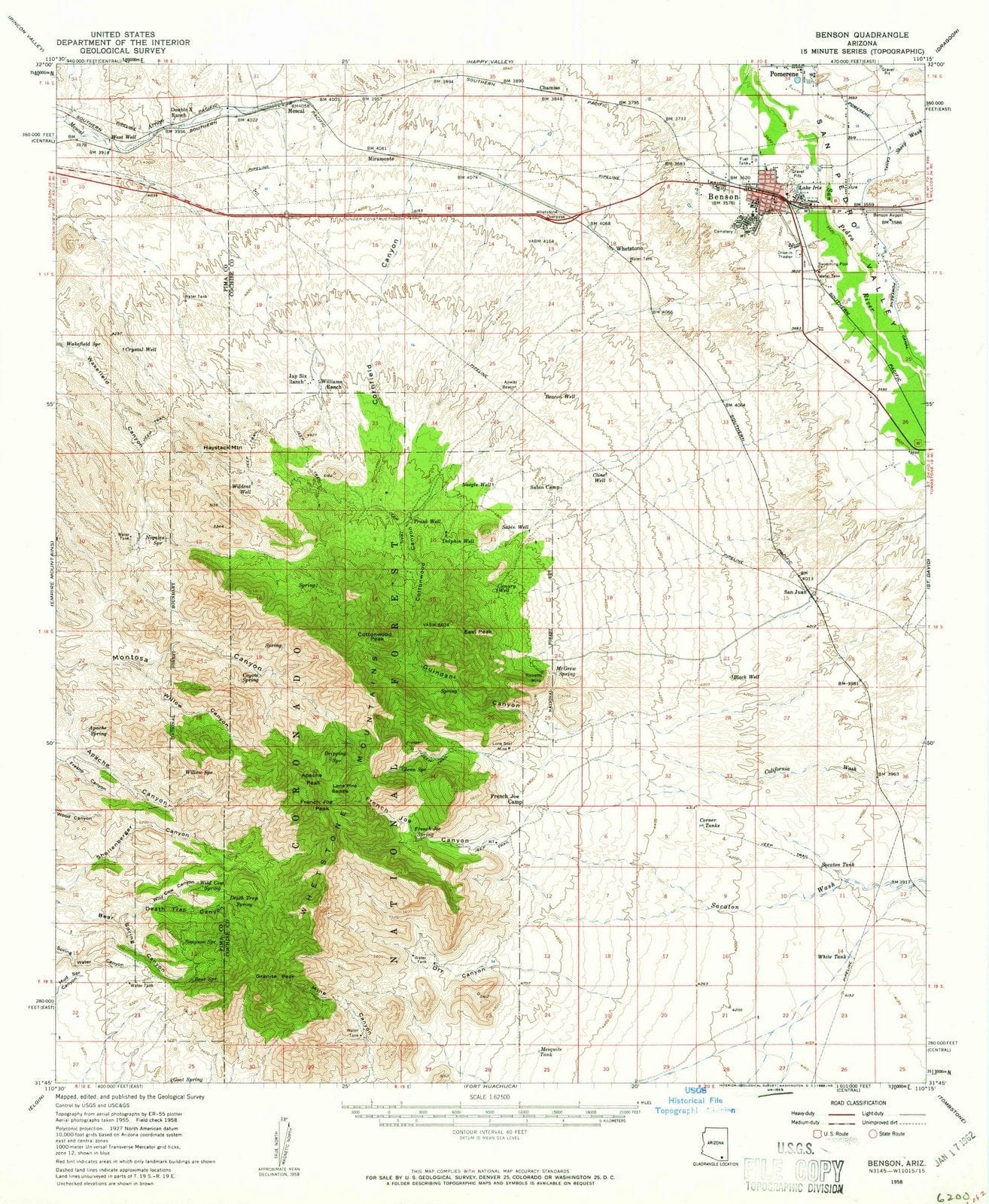 1958 Benson, AZ - Arizona - USGS Topographic Map
