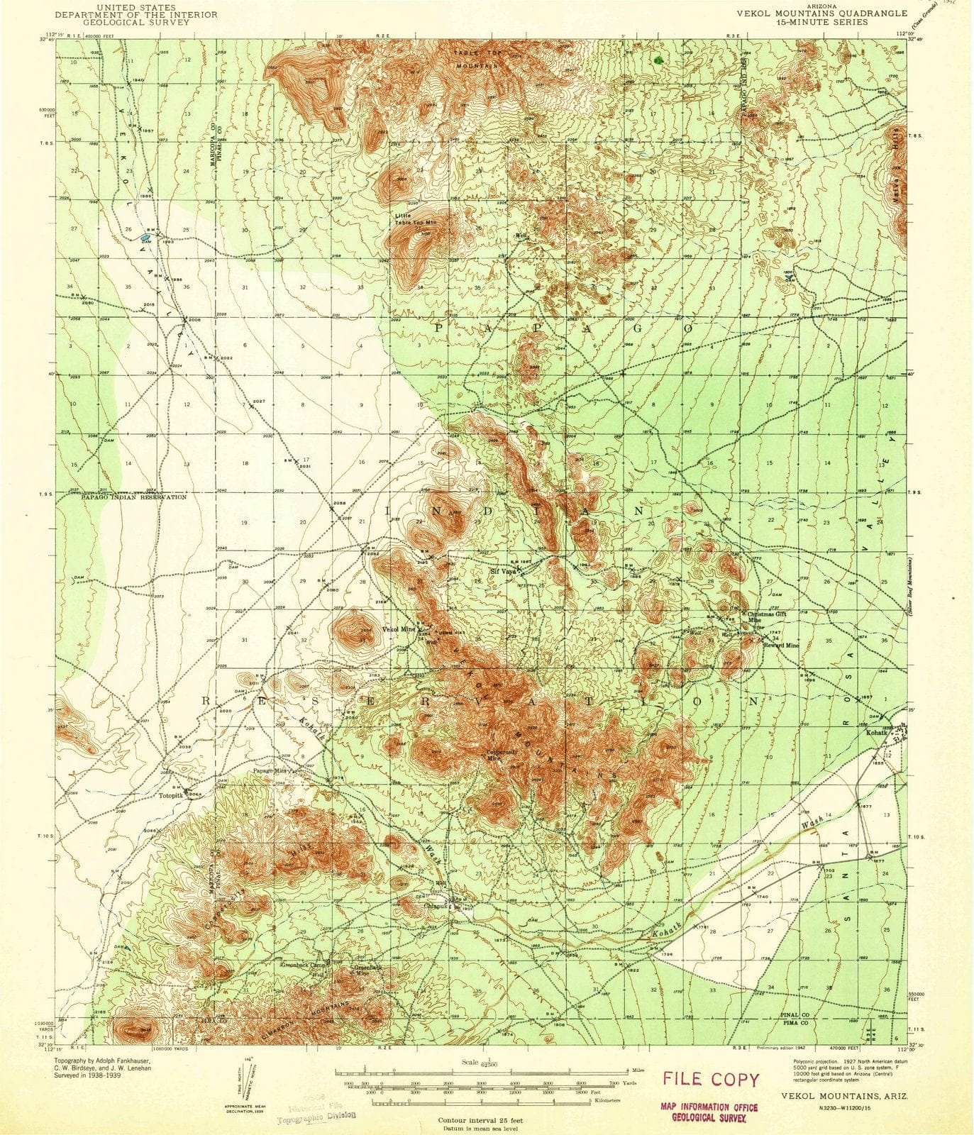 1942 Vekol Mountains, AZ - Arizona - USGS Topographic Map