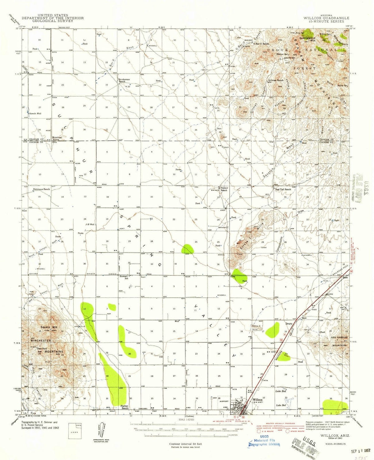 1943 Willcox, AZ - Arizona - USGS Topographic Map