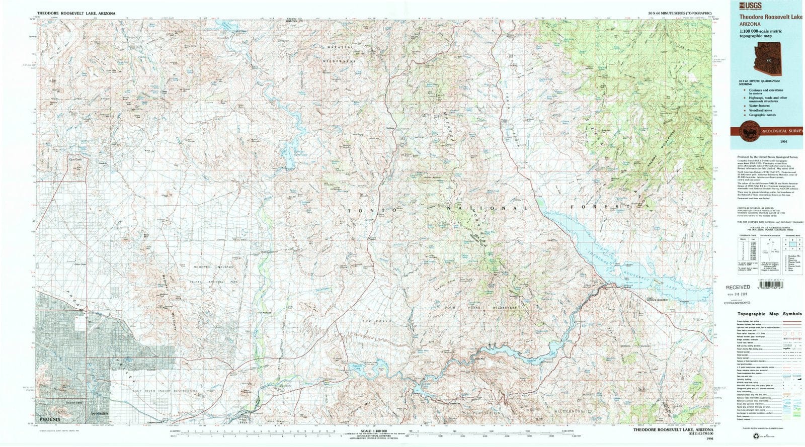 1994 Theodore Roosevelt Lake, AZ - Arizona - USGS Topographic Map