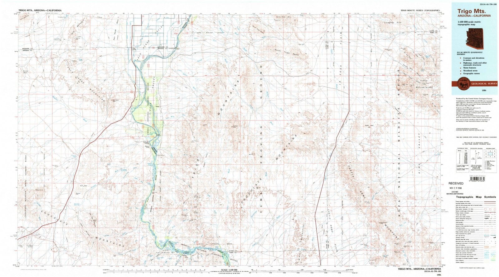 1986 Trigo MTS, AZ - Arizona - USGS Topographic Map