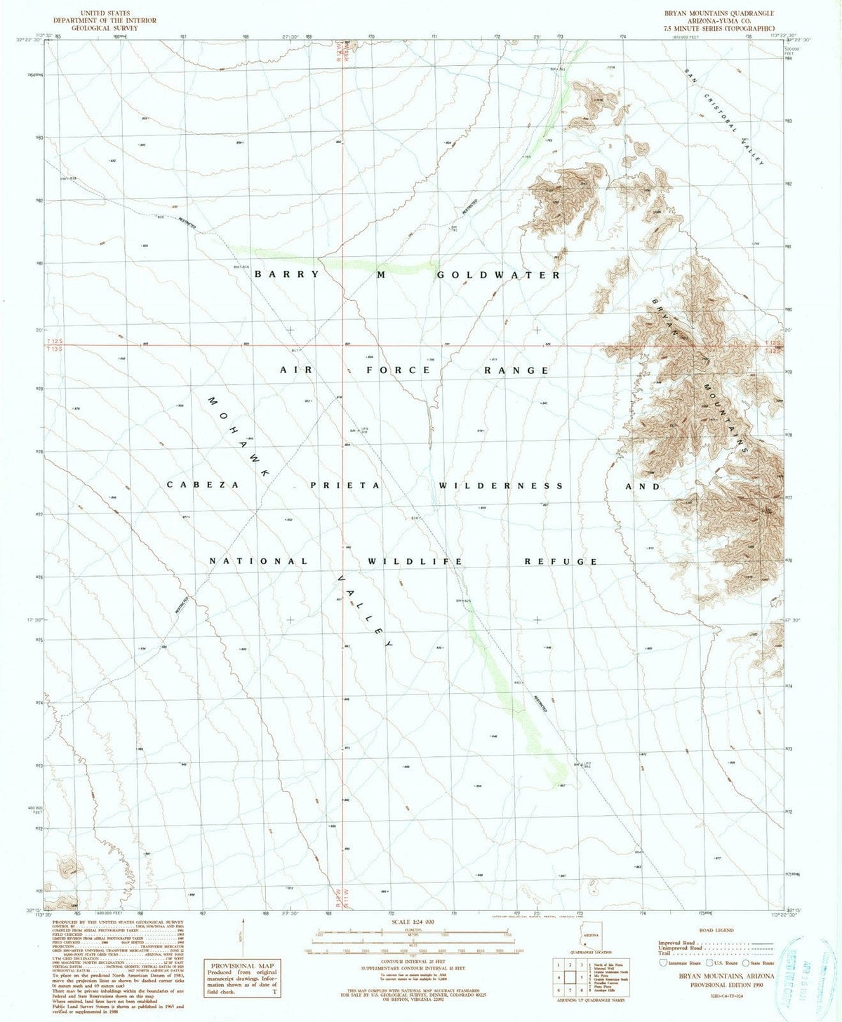 1990 Bryan Mountains, AZ - Arizona - USGS Topographic Map