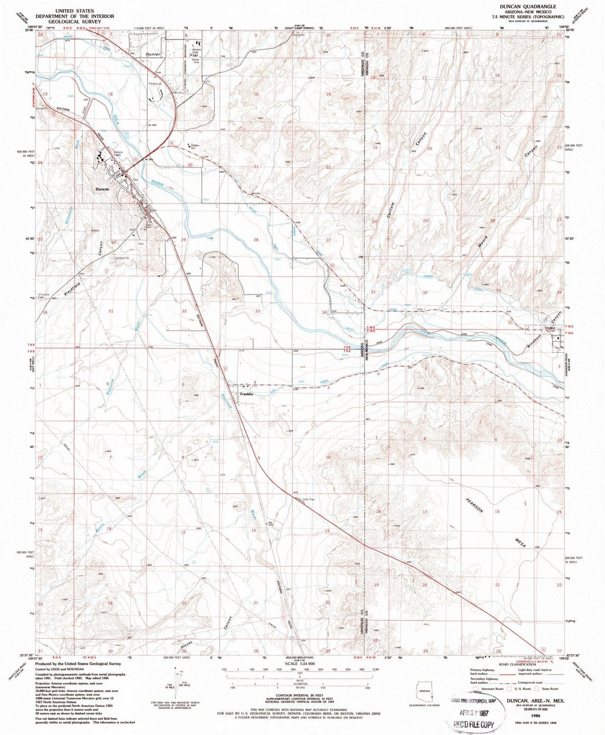1986 Duncan, AZ - Arizona - USGS Topographic Map