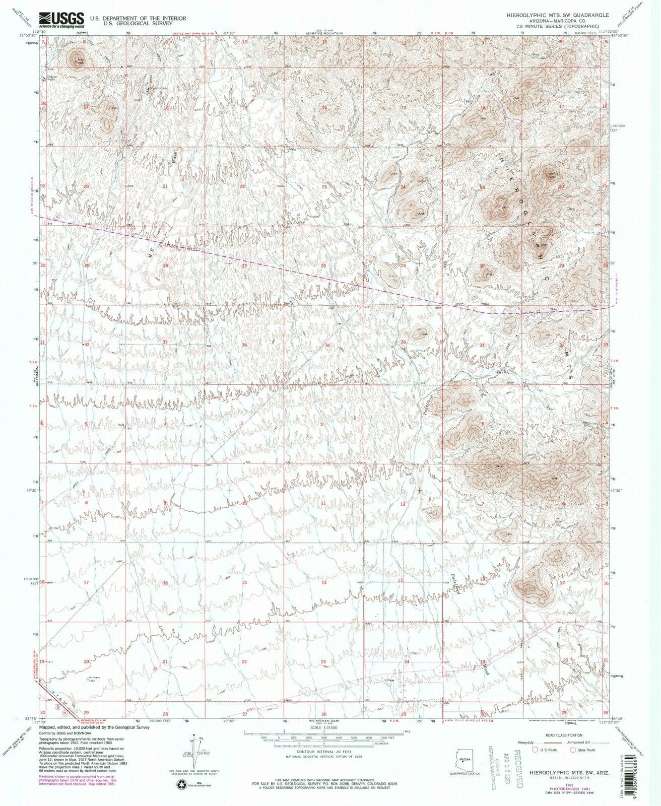 1965 Hieroglyphic MTS, AZ - Arizona - USGS Topographic Map