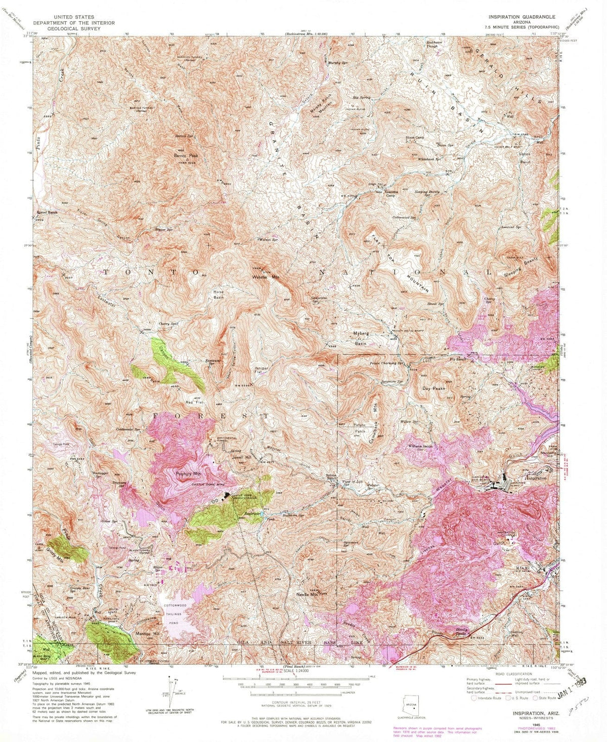 1945 Inspiration, AZ - Arizona - USGS Topographic Map