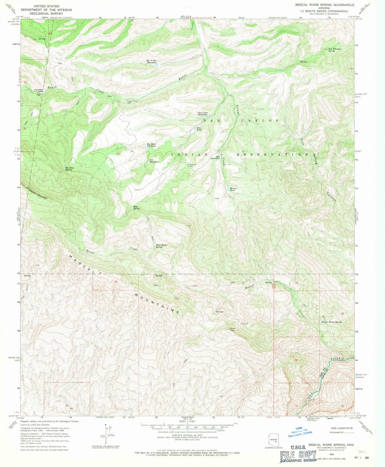 1968 Mescal Warm Spring, AZ - Arizona - USGS Topographic Map