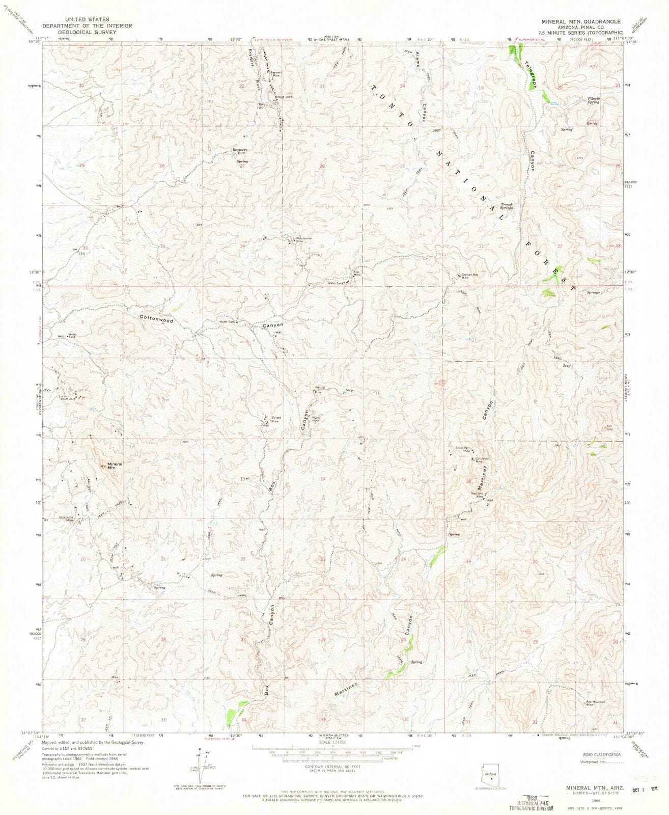 1964 Mineral MTN, AZ - Arizona - USGS Topographic Map