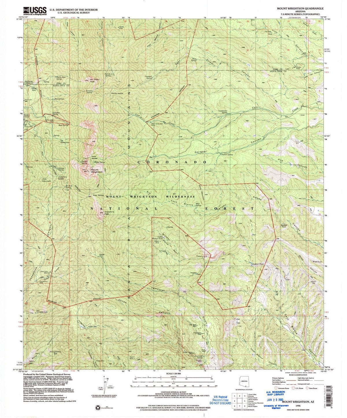 1996 Mount Wrightson, AZ - Arizona - USGS Topographic Map